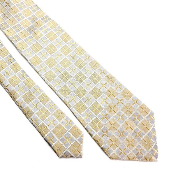 Pronto Uomo Couture Silk Tie Woven Yellow Gray Checker Board‎ - Picture 1 of 6